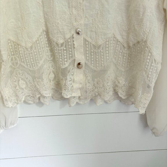 Adora cream button front cotton and lace with sheer long sleeves top Sz S/M - Picture 4 of 5